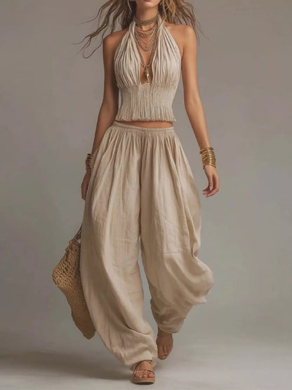 Full Size Halter Neck Top and Wide-Leg Harem Pants Two-Piece Set Plus Size - Khaki - View 1