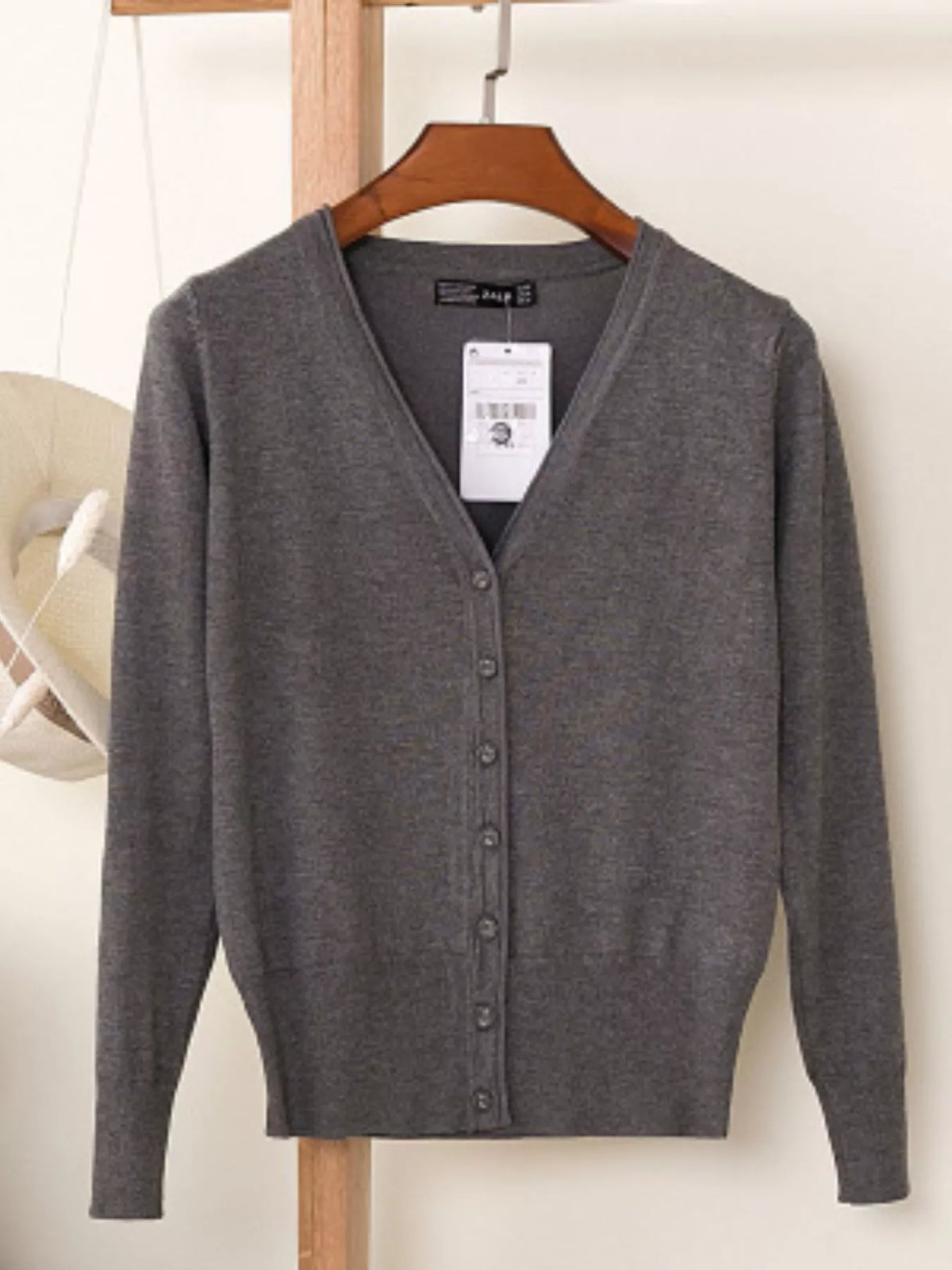 Classic V-Neck Button-Down Knit Cardigan - Dark Gray - View 24