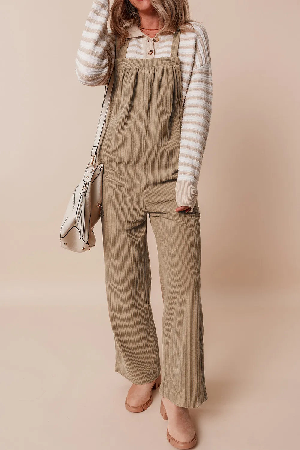 Square Neck Wide Strap Overalls - Camel - View 2