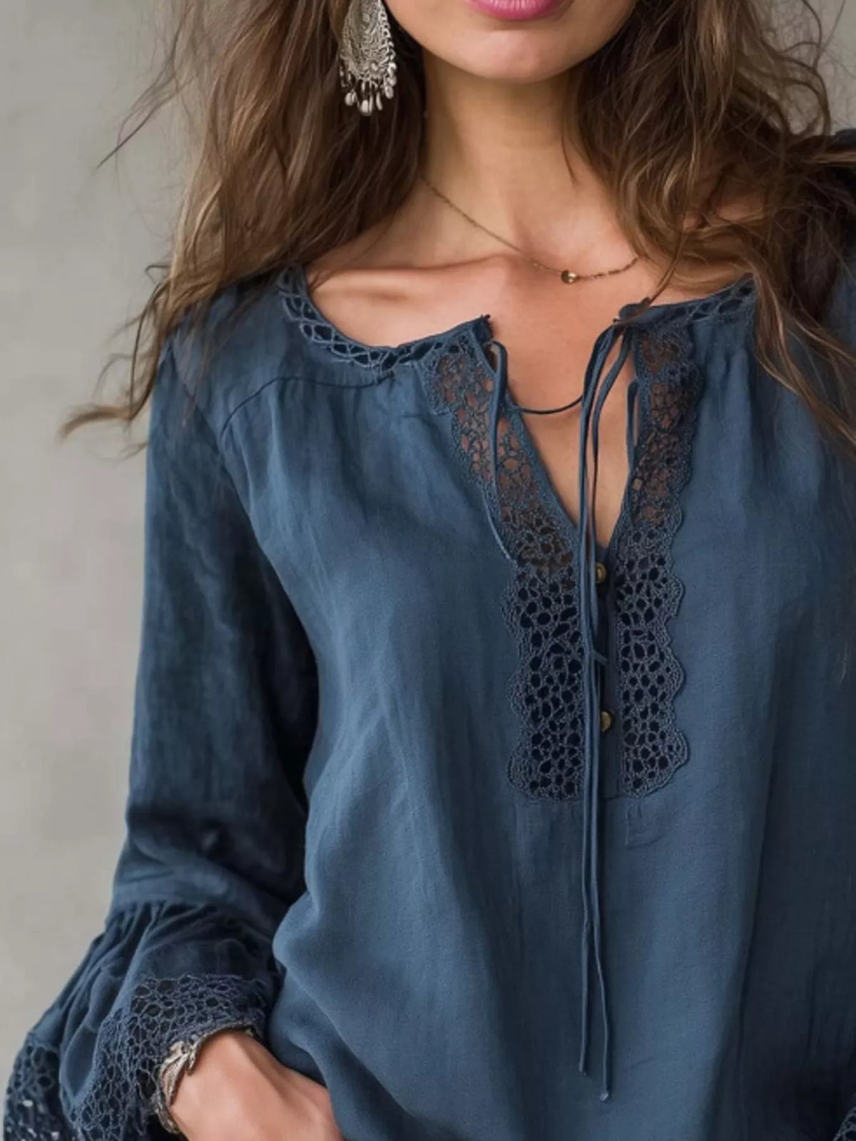 Full Size Tie Neck Flounce Sleeve Blouse Plus Size - Sea Blue - View 2