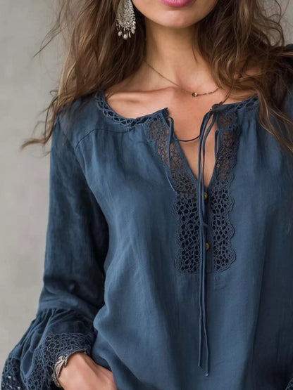 Full Size Tie Neck Flounce Sleeve Blouse Plus Size - Sea Blue - View 2