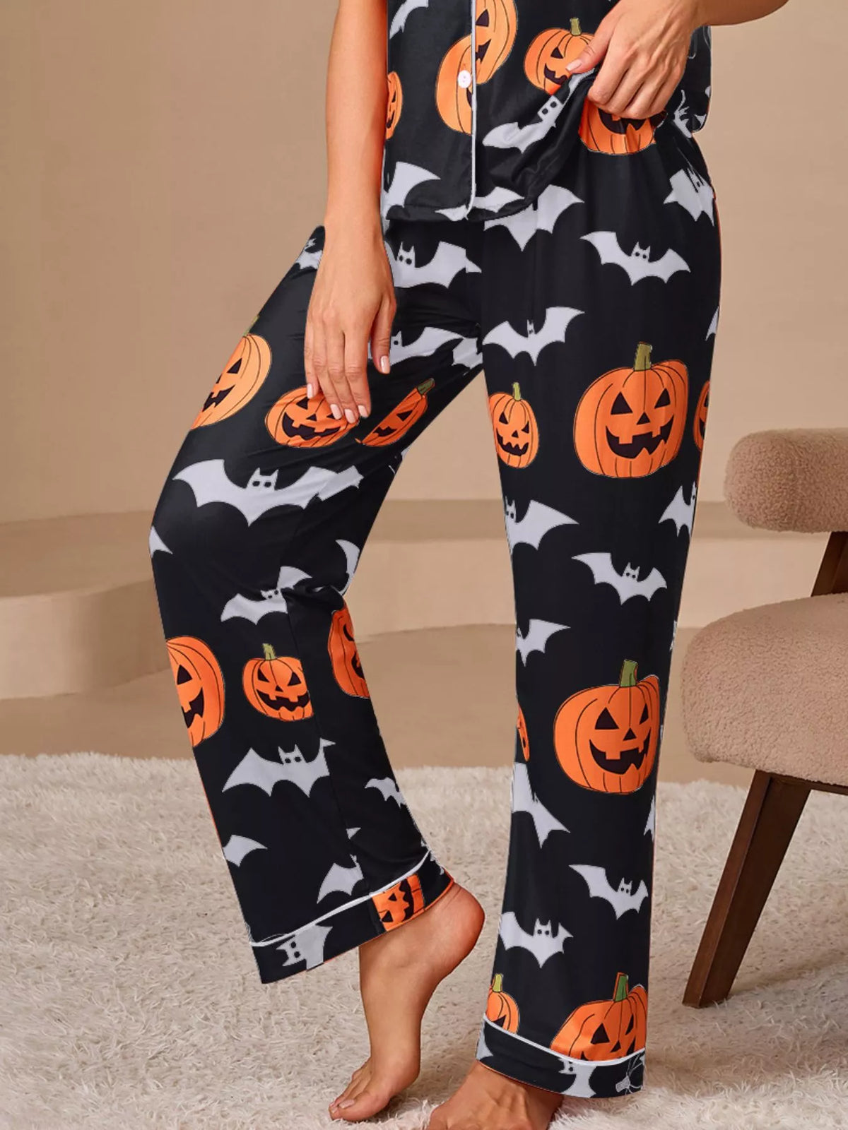 Halloween Pumpkin and Bat Print Button-Down Top and Pants Lounge Set - Black - View 3