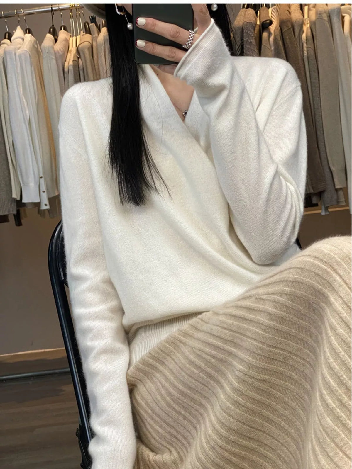 Wrap-Front Long Sleeve Sweater - White - View 8