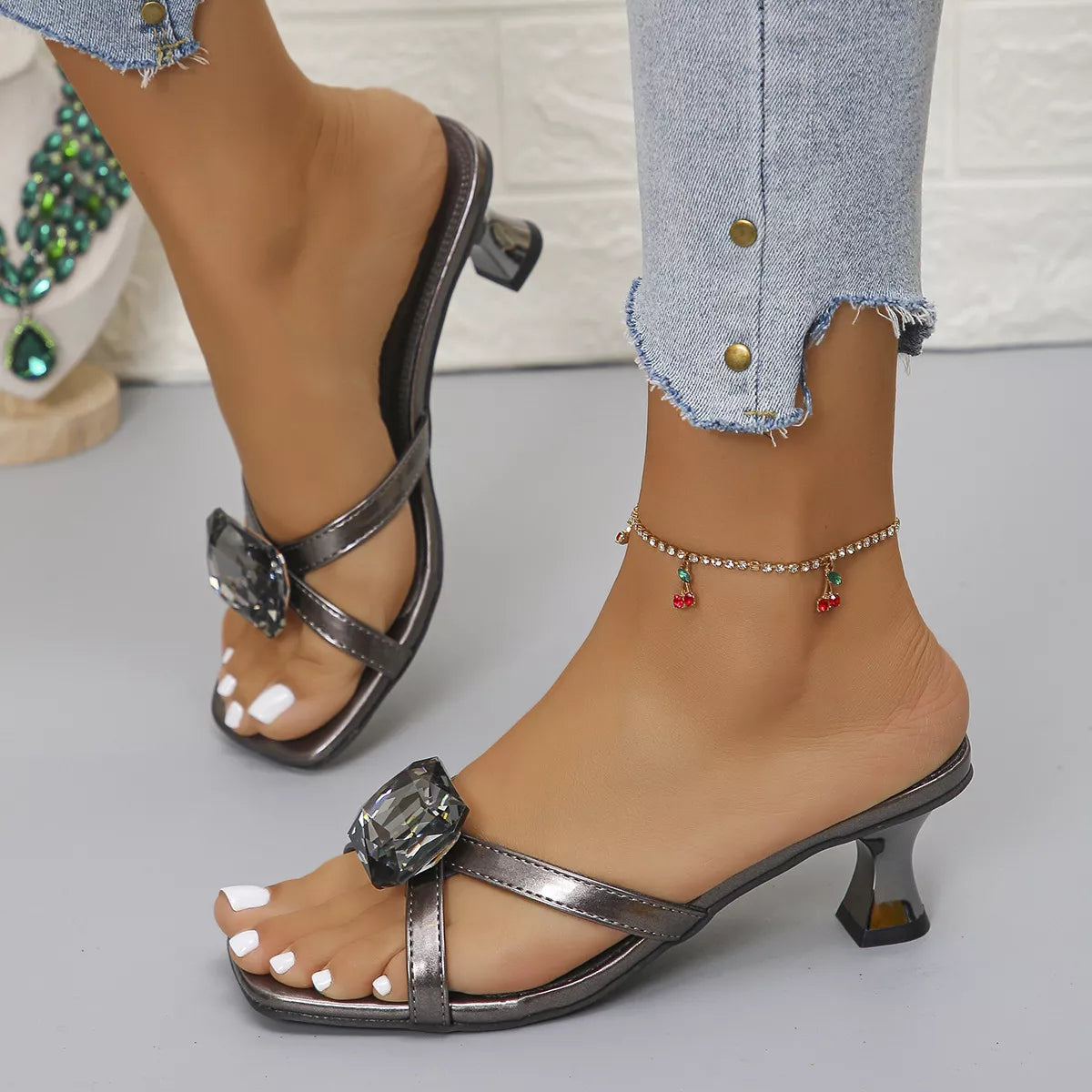 Square Toe Block Heels Sandals - Gunmetal Color - View 7