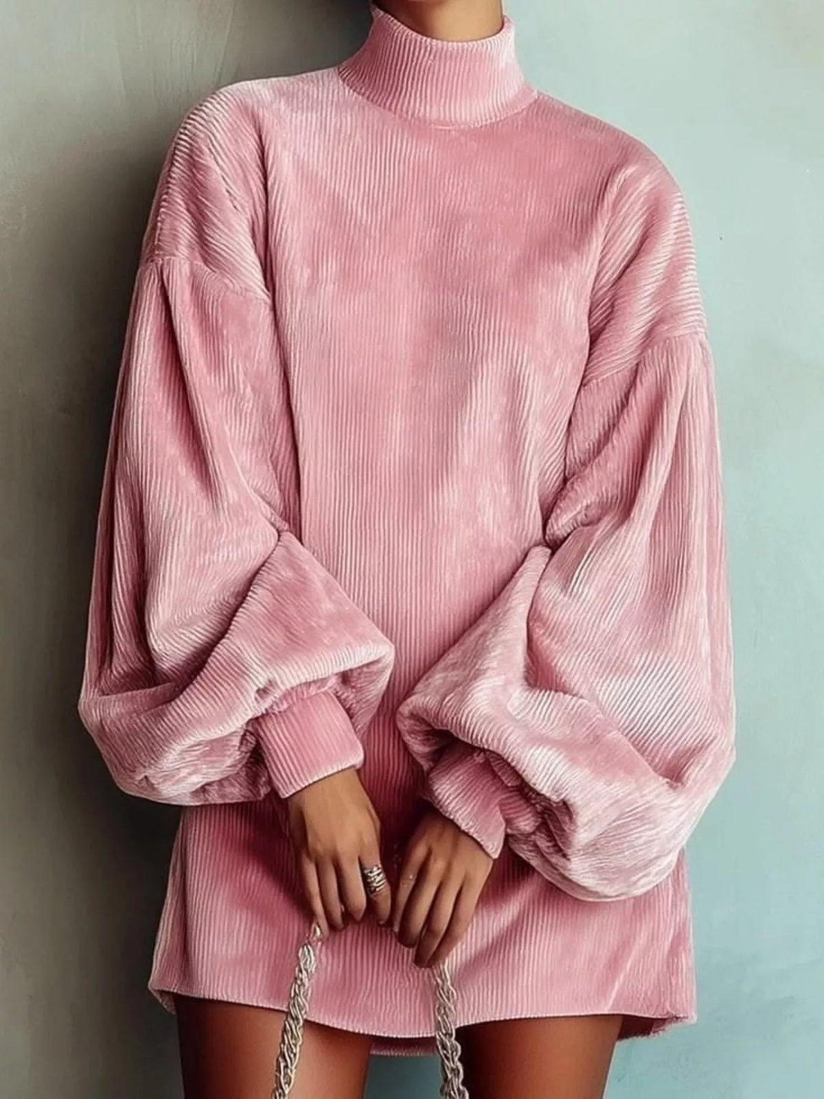 Full Size Ribbed Mock Neck Lantern Sleeve Mini Dress Plus Size - Pink - View 1