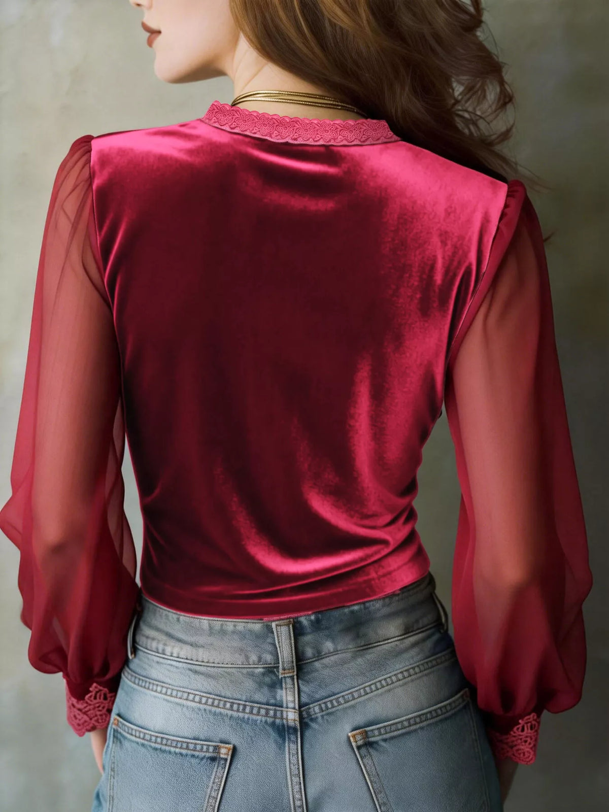 Lace Trim Sheer Long Sleeve Blouse - Burgundy - View 3