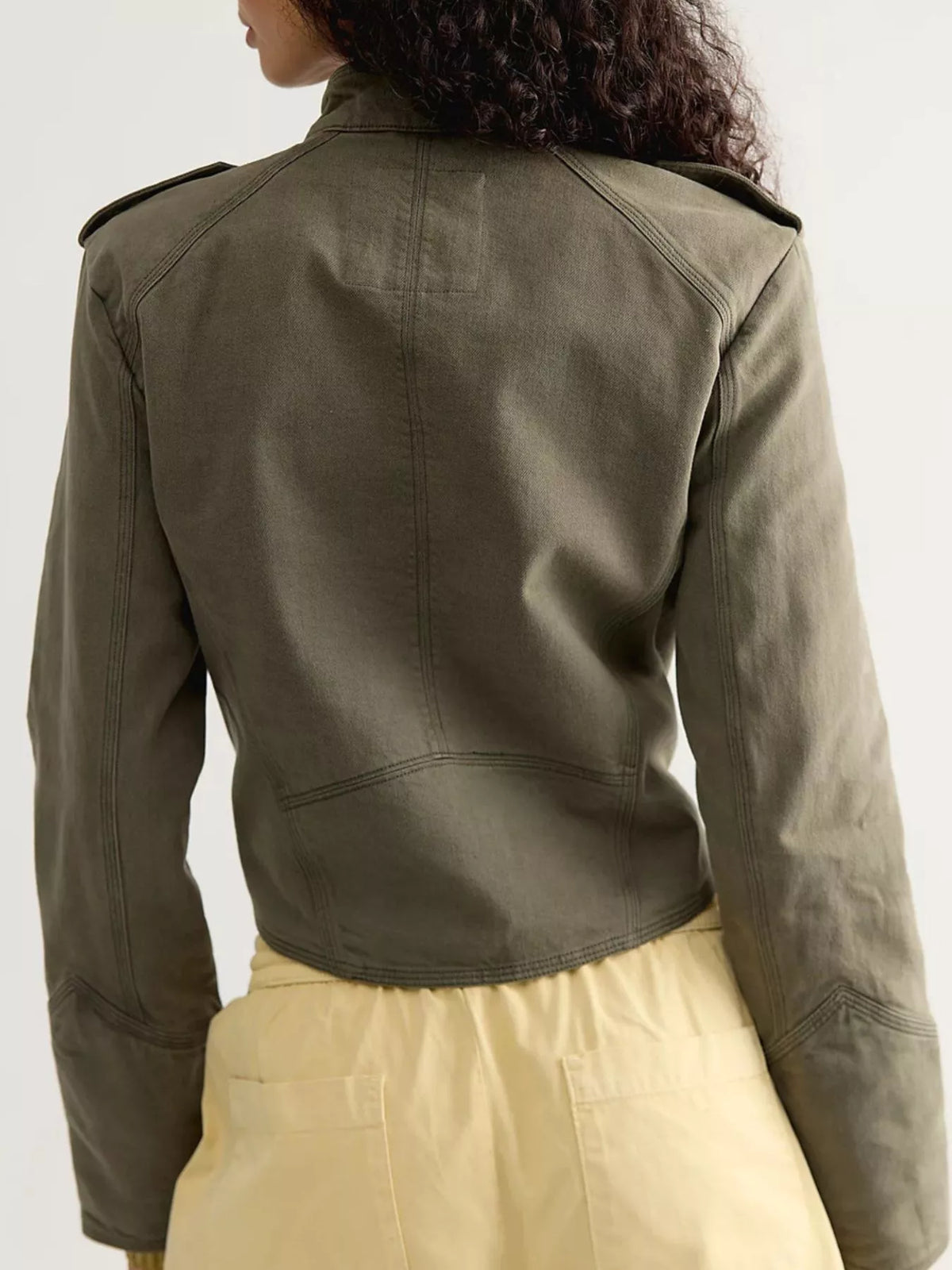 Decorative Button Cropped Jacket - Army Green - View 4