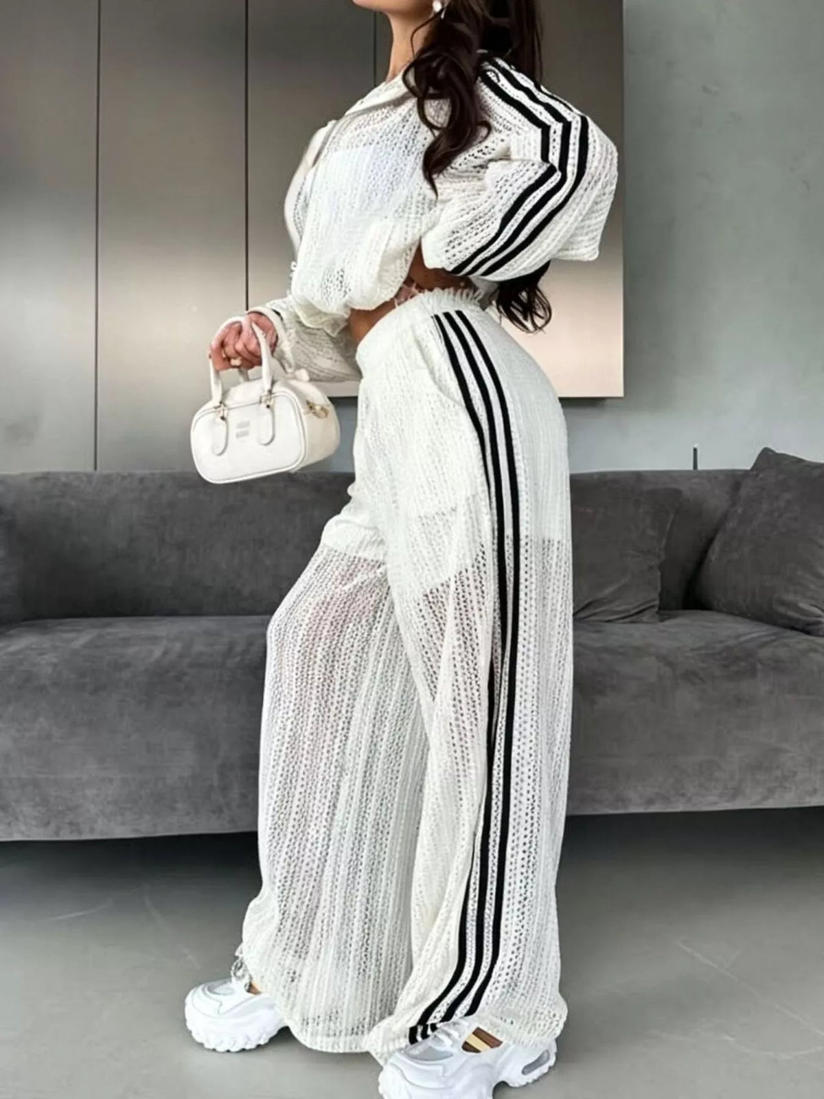 Side Stripes Zip Up Top and Pants Set - White - View 4