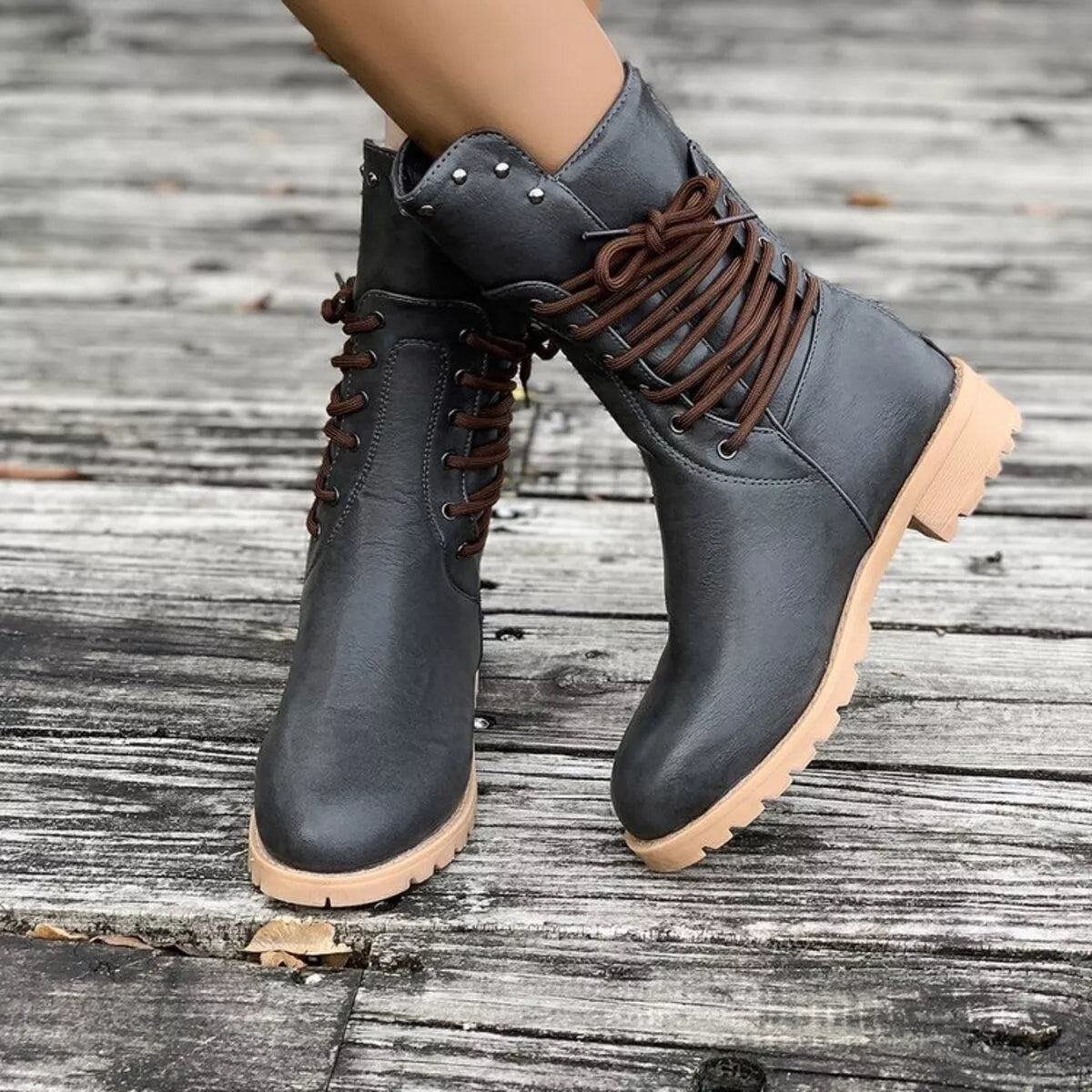 Lace Up Block Heels Boots - Dark Gray - View 7