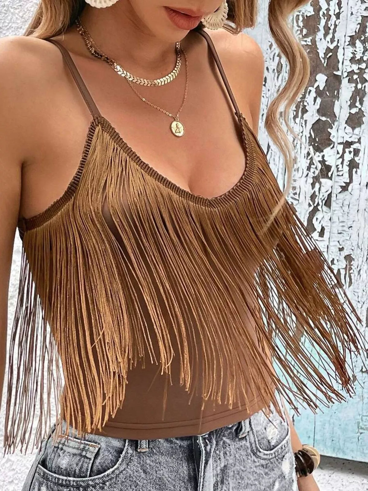 Fringe Trim V-Neck Cami - Coffee - View 2