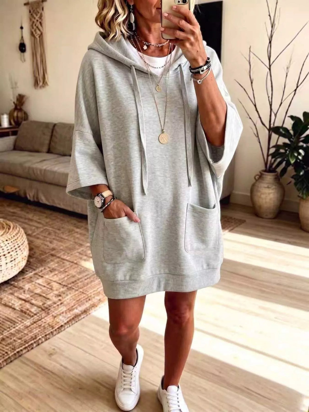 Full Size Drawstring Oversized Front Pockets Oversized Hoodie Plus Size - Gray - View 1