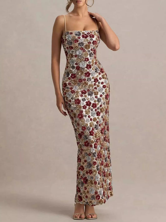 Slit Floral Sequin Bodycon Maxi Dress - product photo 1