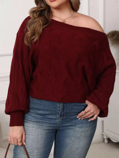Plus Size Off-Shoulder Long Sleeve Sweater - Burgundy - View 5
