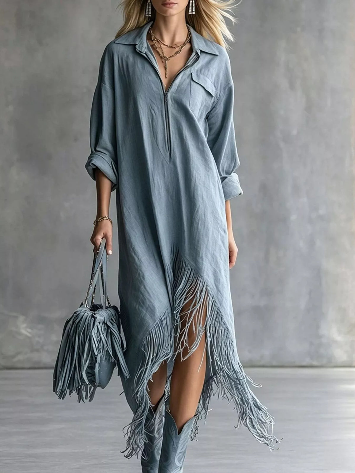 Zipper-Front Fringe Hem Midi Dress - Dusty Blue - View 1