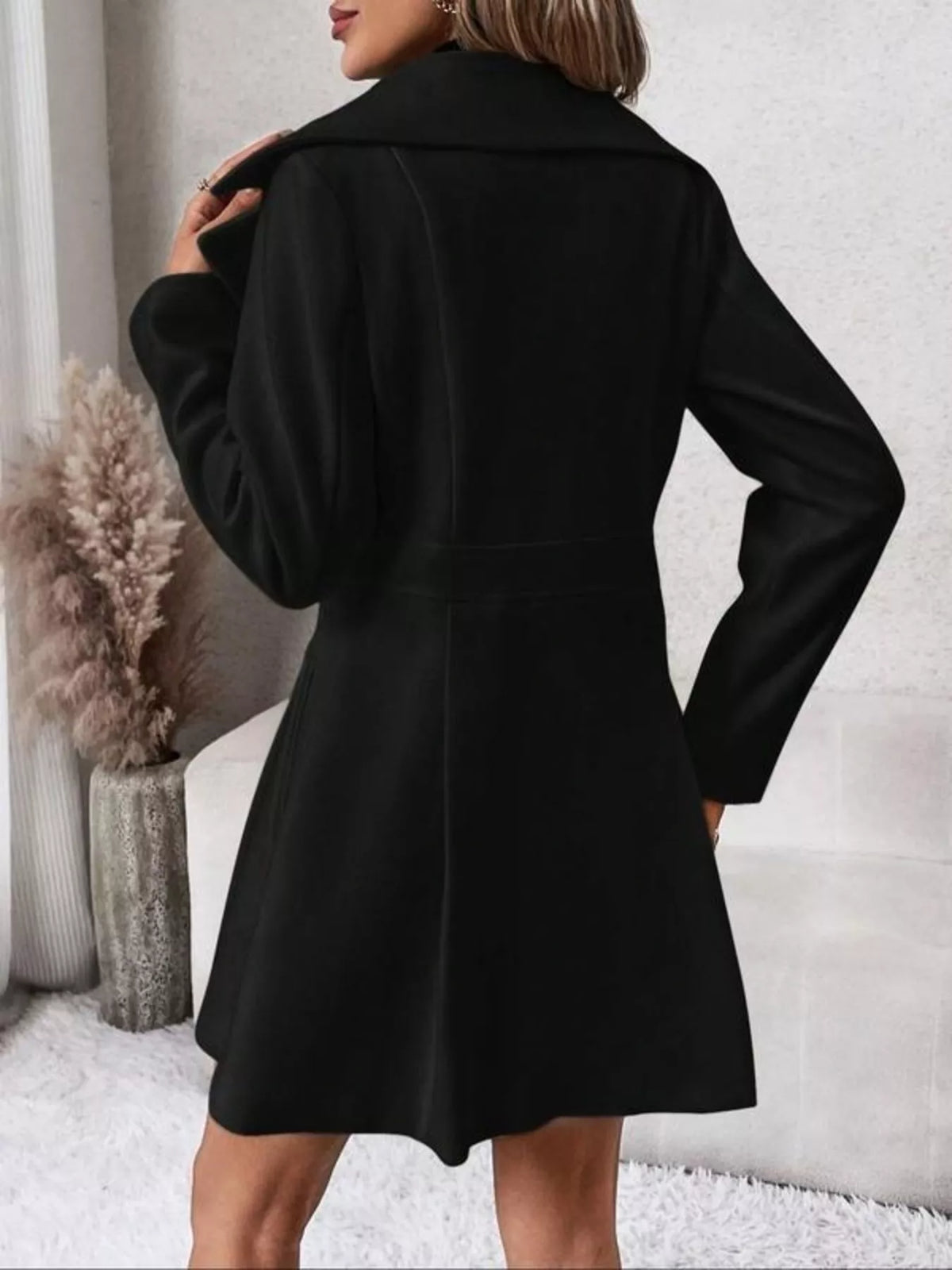 Double-Breasted Peplum Coat - Black - View 2