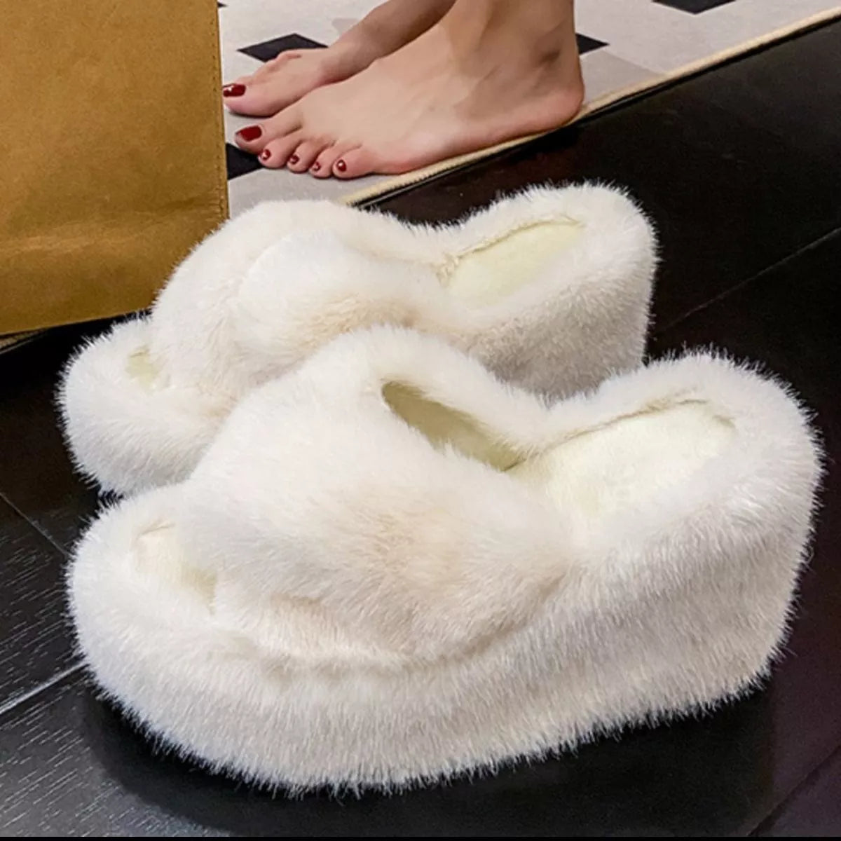 Fluffy Wedge Slippers - White - View 5