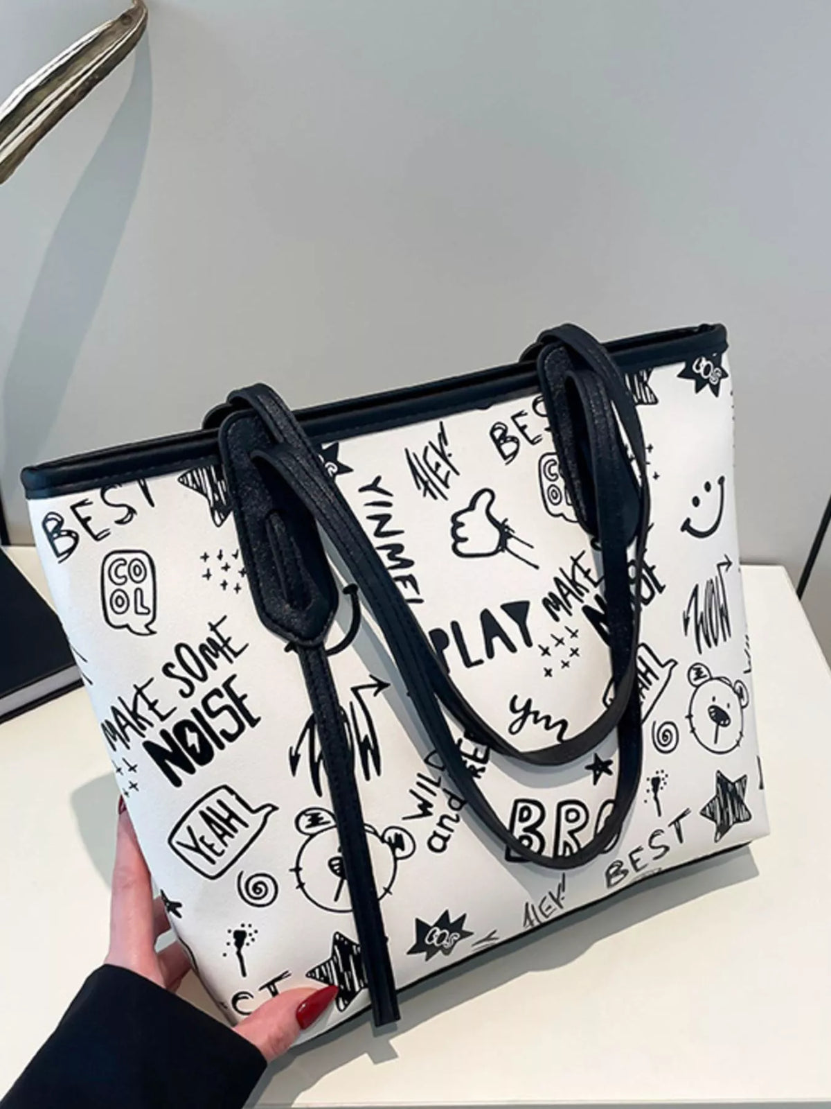 Graffiti Print Casual Tote Bag - Black - View 4