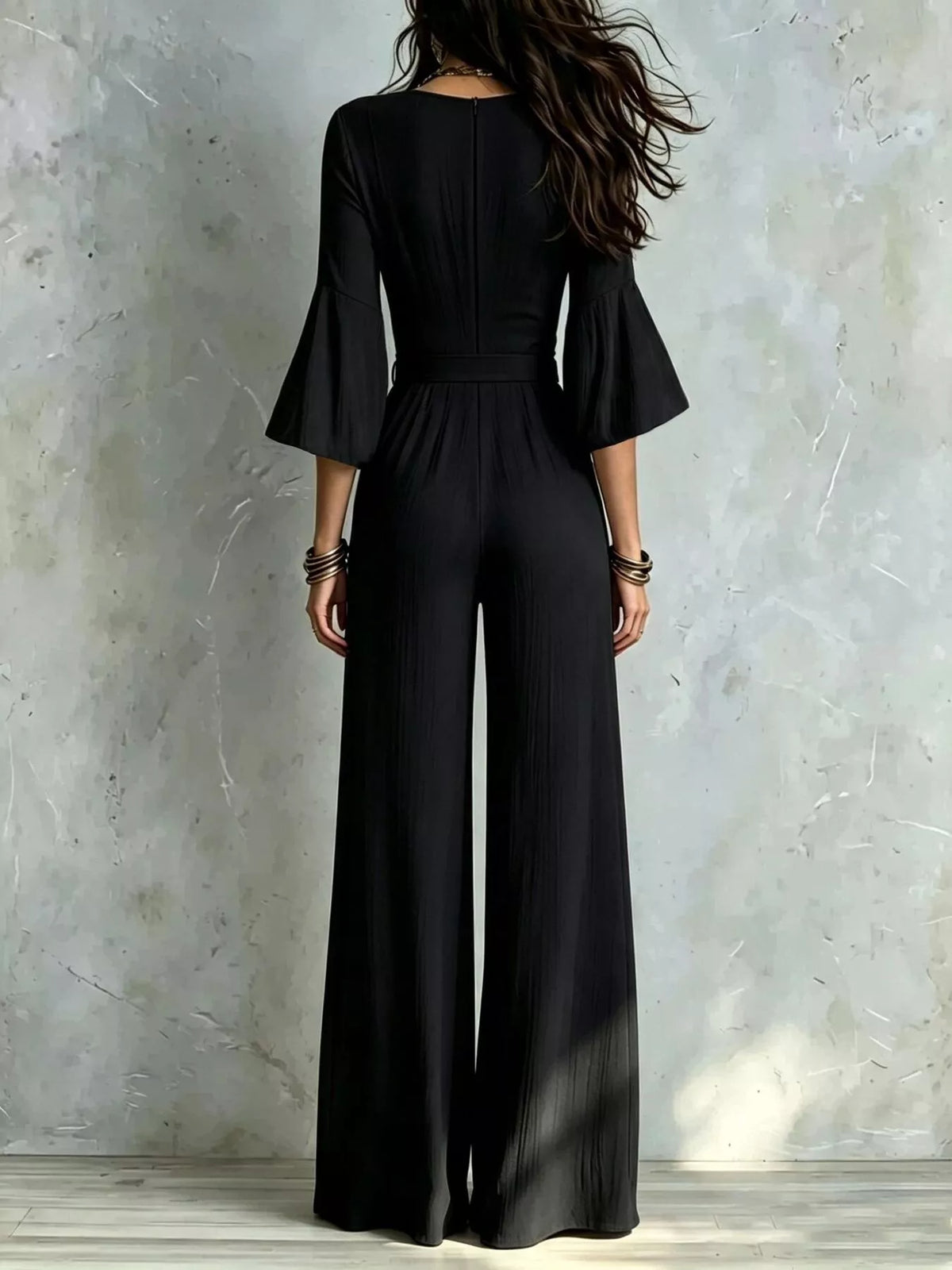 Pleated Wide-Leg Jumpsuit with Tie-Waist - Black - View 2