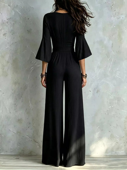 Pleated Wide-Leg Jumpsuit with Tie-Waist - Black - View 2