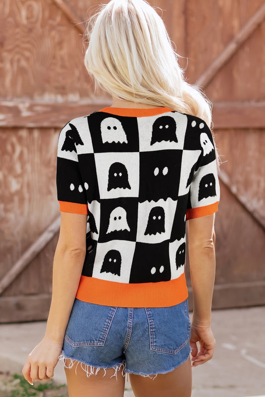 White Geometric Ghost Color Block Trim Short Sleeve Knit Sweater - White - 2