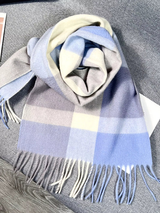 Plaid Scarf with Fringe - Azure - View 2