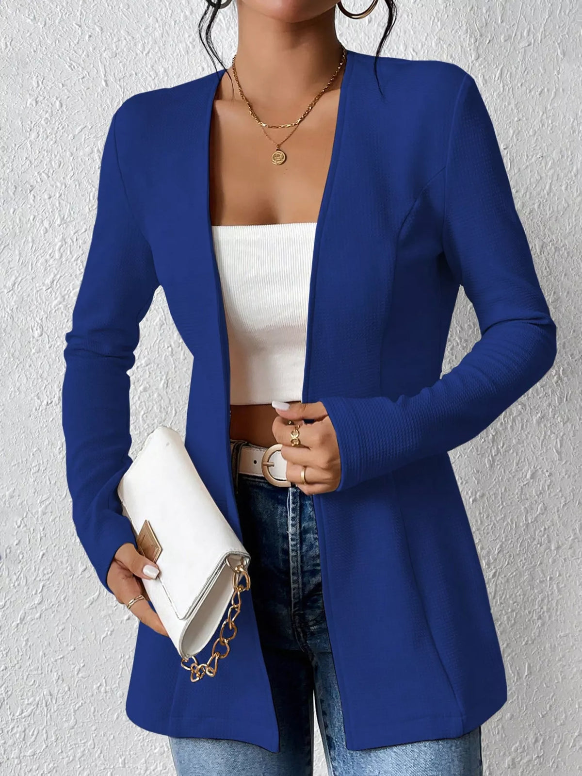 One Button Long Sleeve Blazer - Blue - View 10