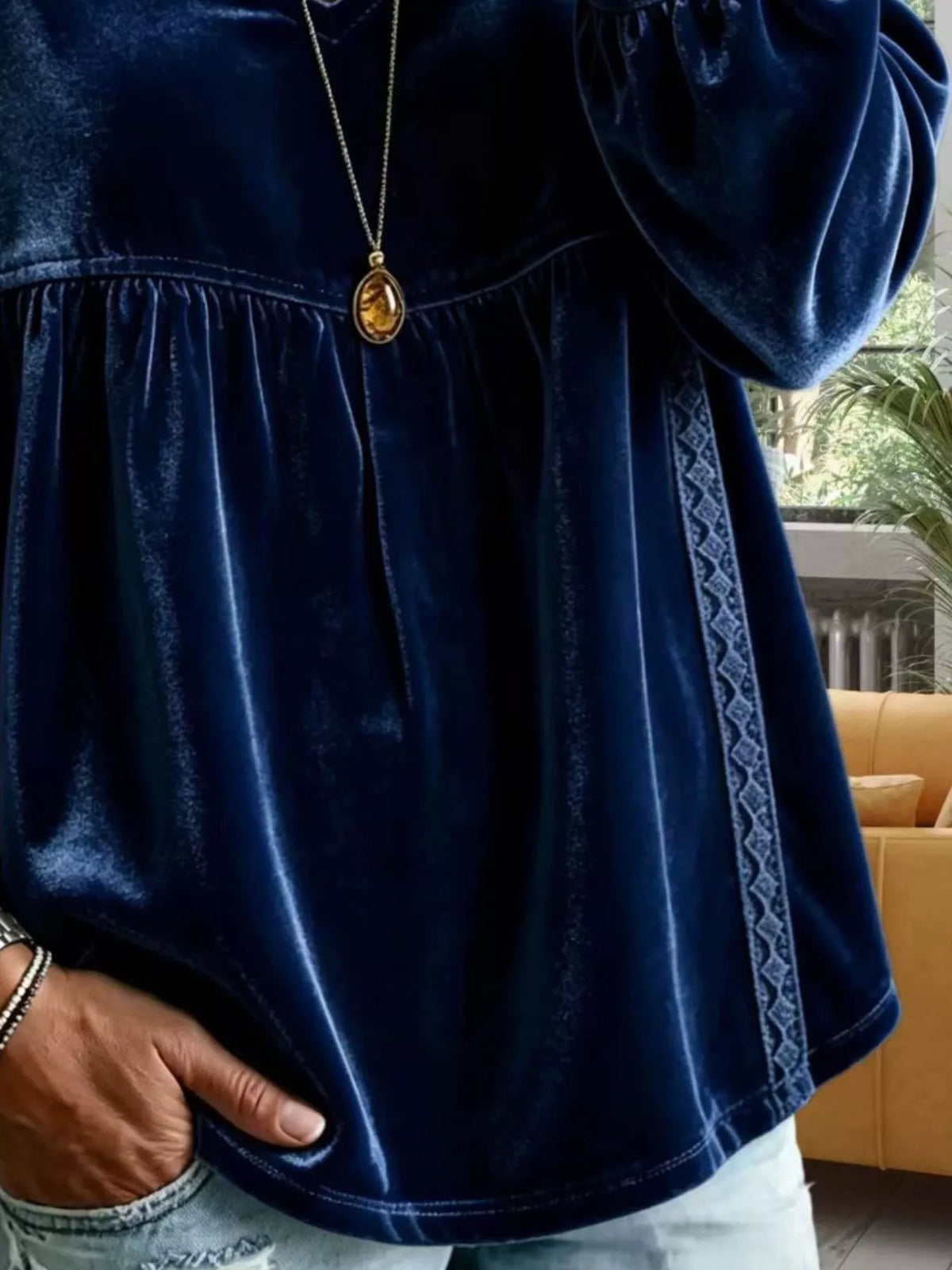 Full Size Velvet Lace Detail V-Neck Blouse Plus Size - Navy - View 6