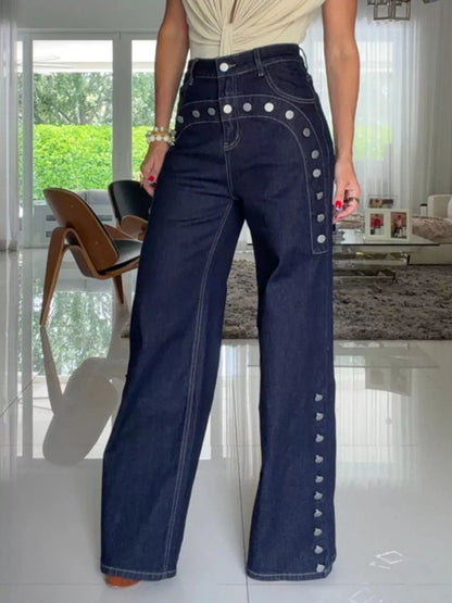 Decorative Button High-Waisted Wide-Leg Jeans - Dark Blue - View 1