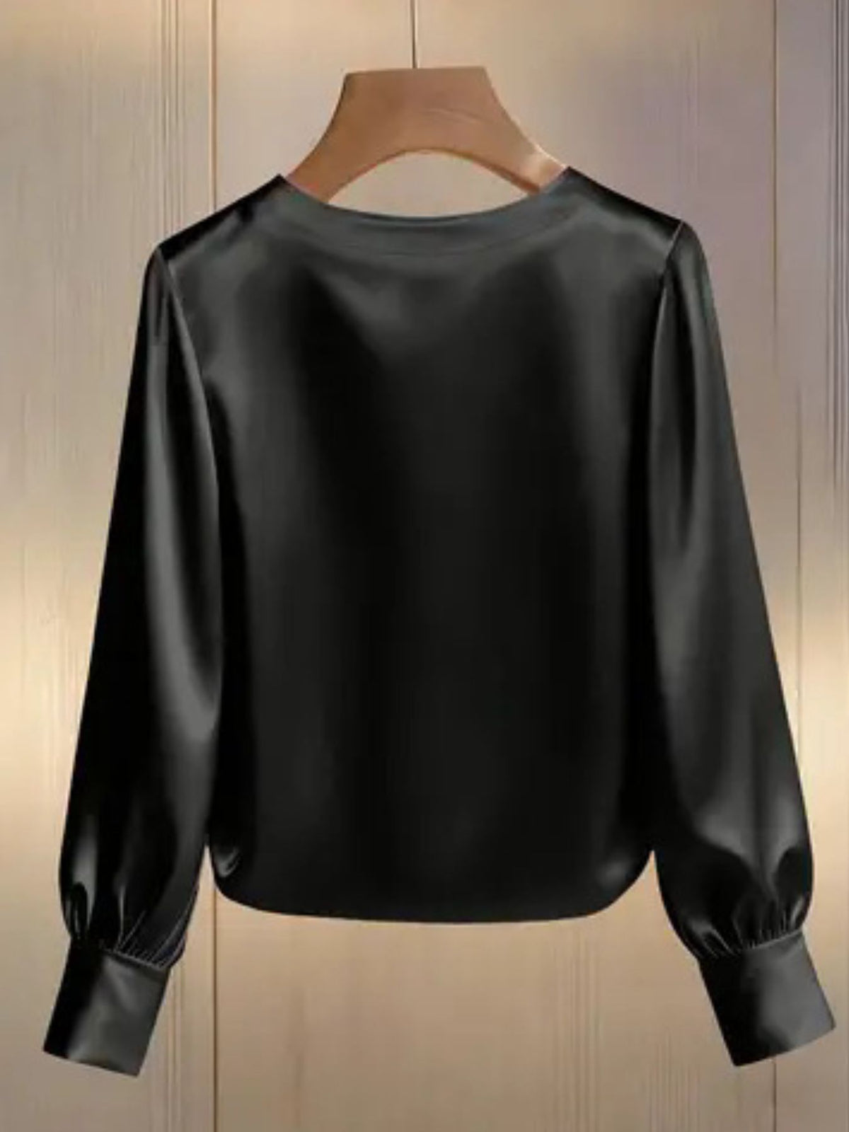 Pearl Trim Round Neck Satin Blouse - Black - View 3