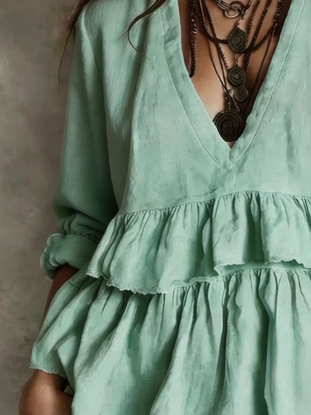 Full Size Ruffled Hem V-Neck Blouse Plus Size - Light Green - View 2