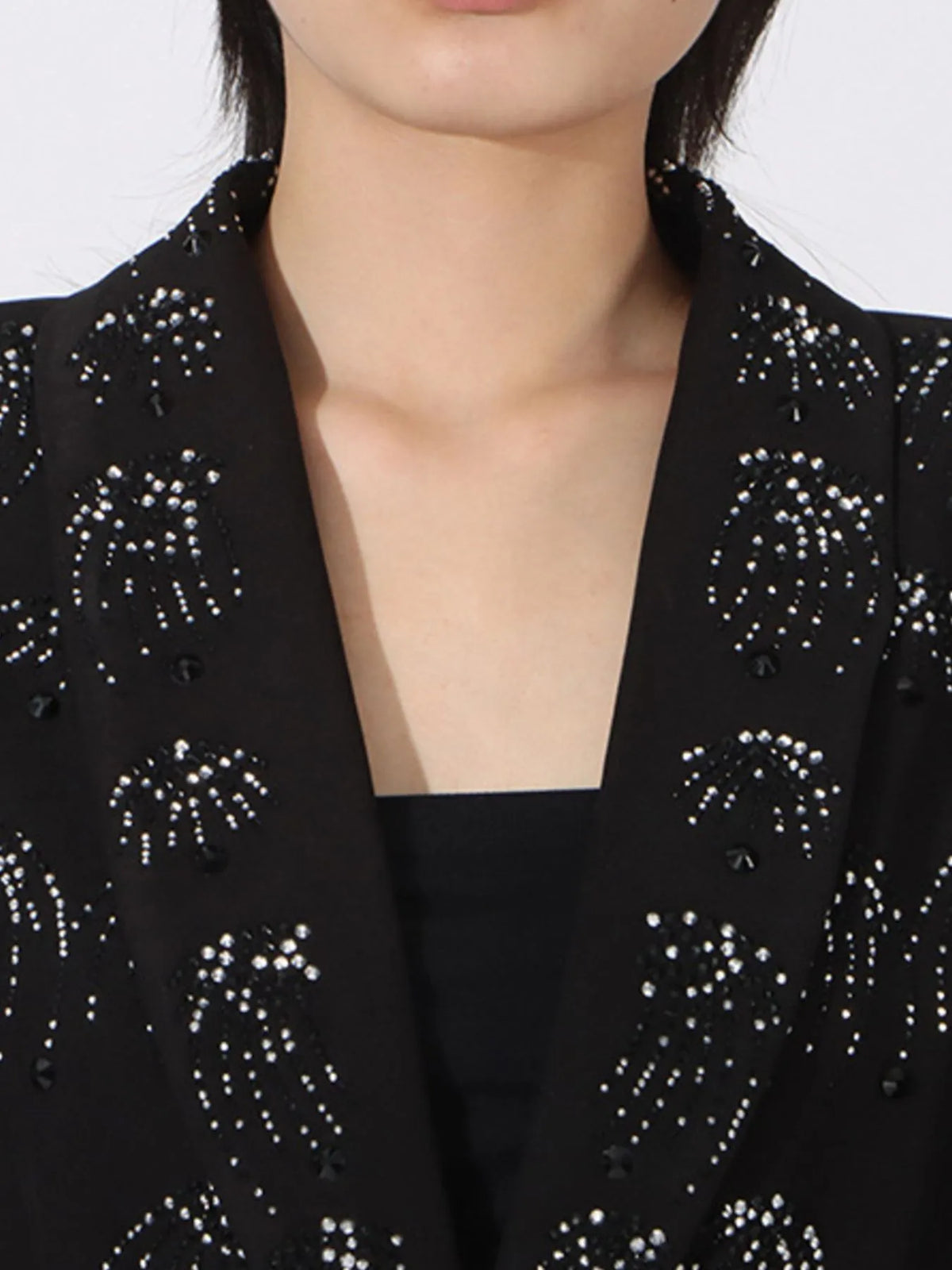 Rhinestone Button Down Long Sleeve Blazer - Black - View 4
