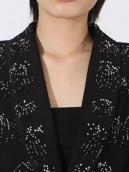 Rhinestone Button Down Long Sleeve Blazer - Black - View 4