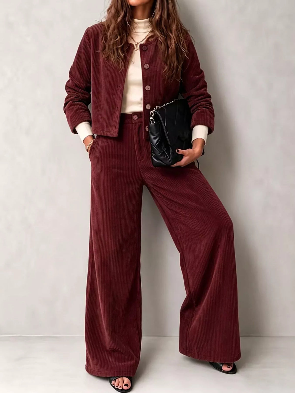 Full Size Corduroy Button-Down Jacket and Wide-Leg Pants Two-Piece Set Plus Size - Burgundy - View 10