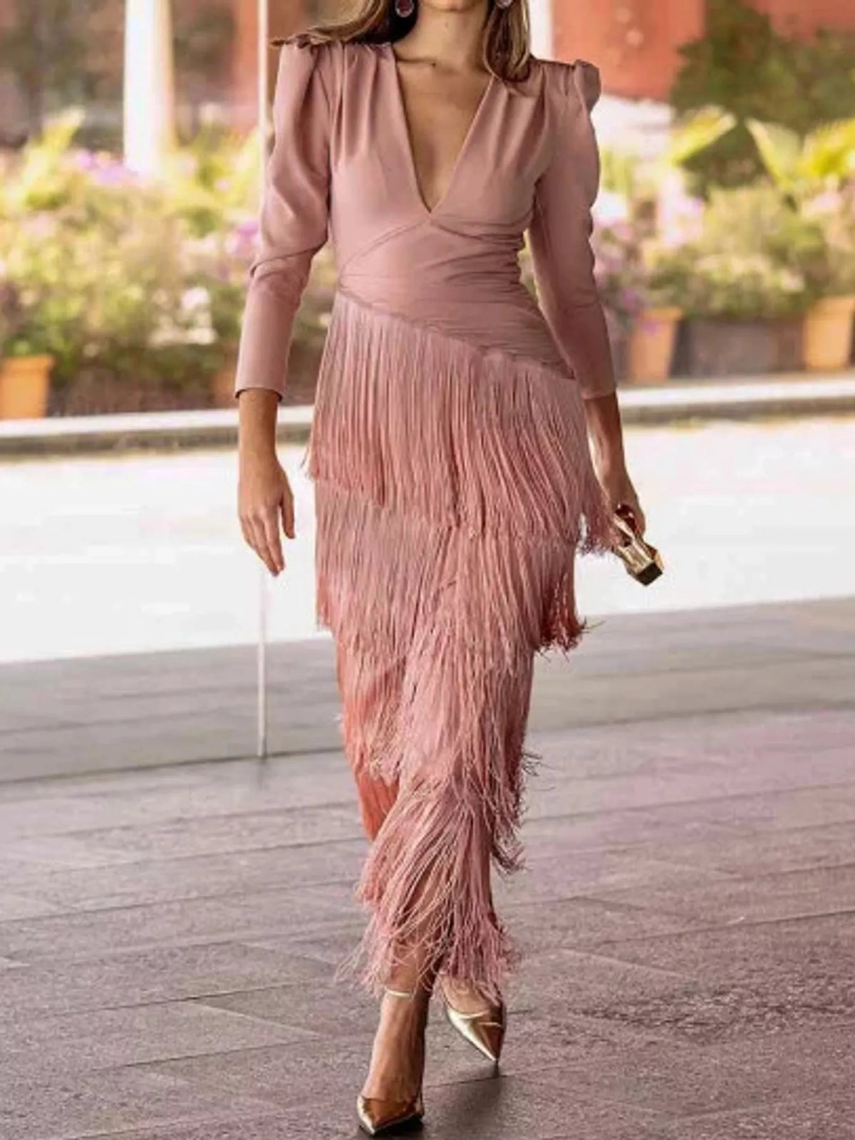 V-Neck Fringe Midi Dress - Pink - View 1