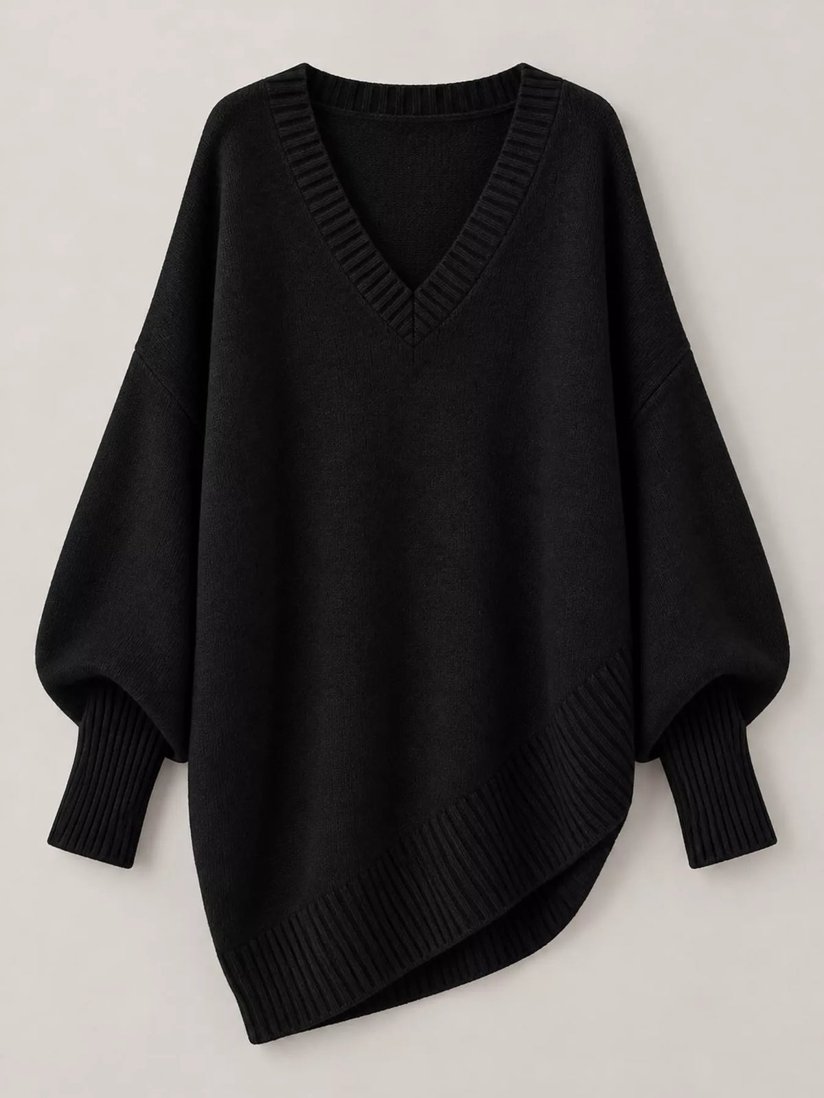 Full Size V-Neck Oversized Batwing Sleeve Sweater Plus Size - Black - View 49