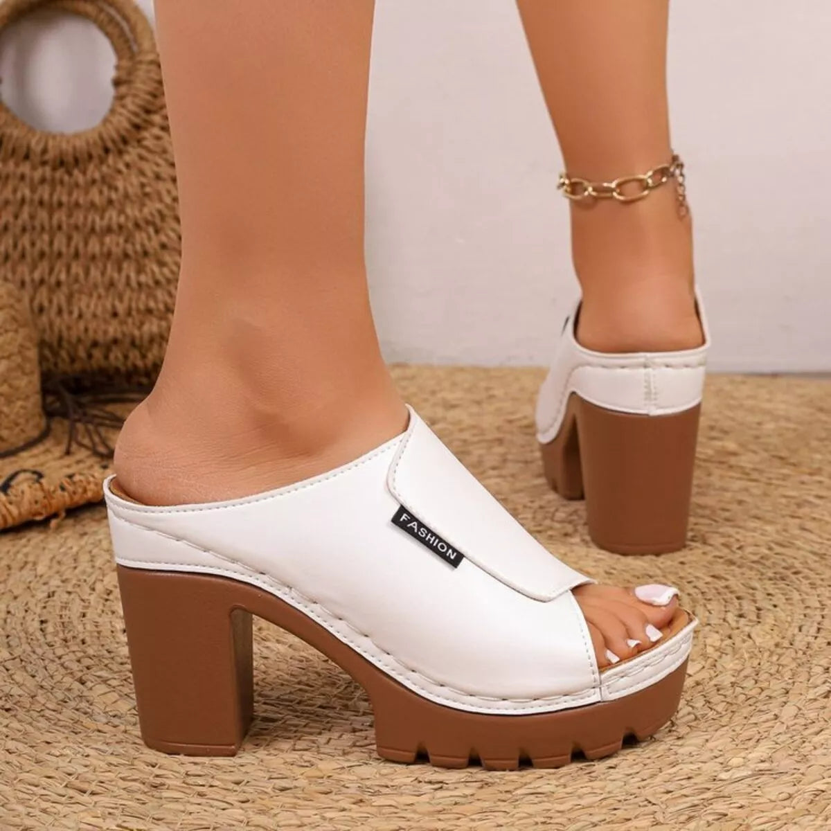 Open Toe Block Heels Sandals - Gray/white - View 11