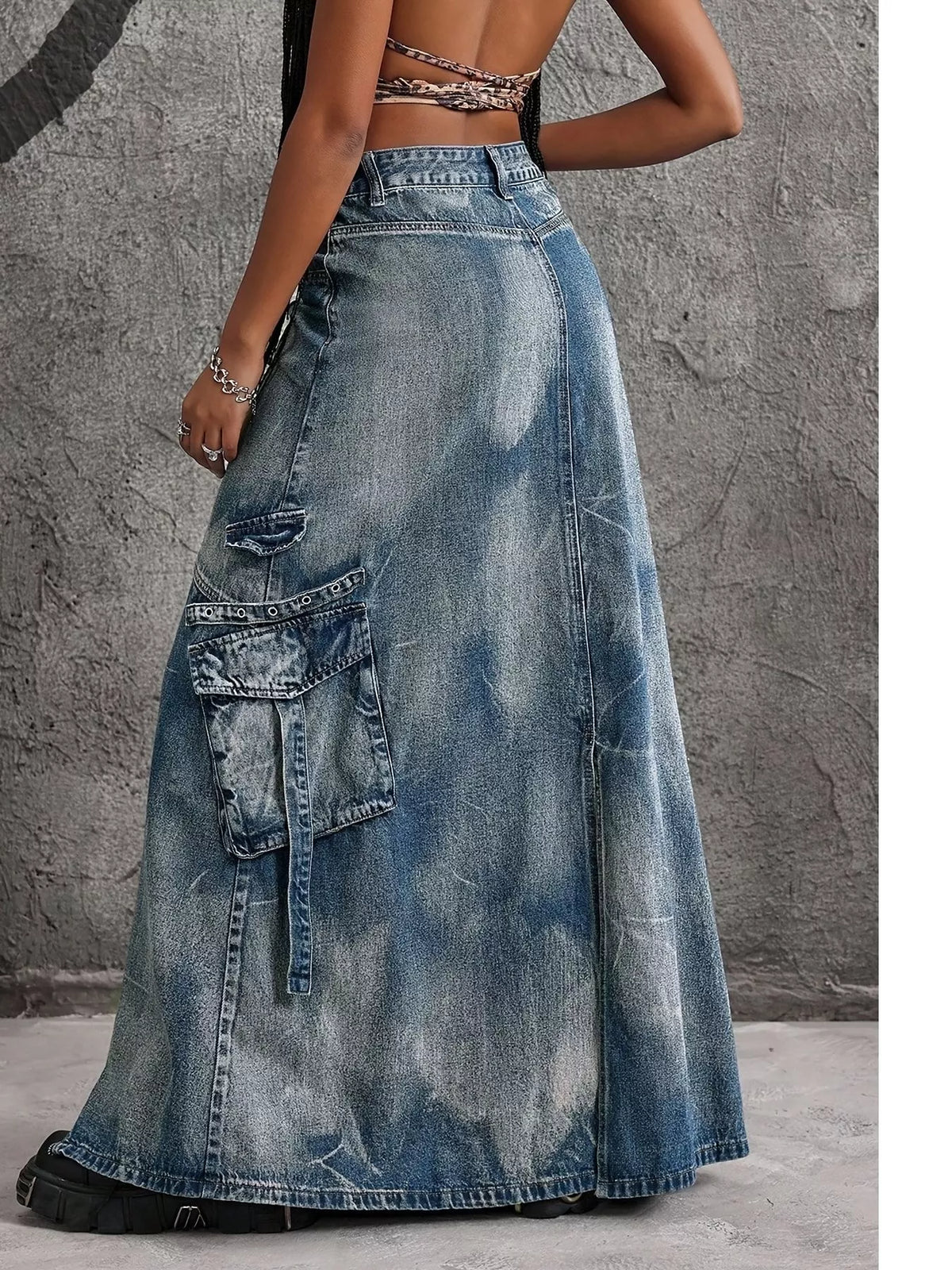 High-Waisted Denim Maxi Skirt with Zipper Slit - Blue - View 5