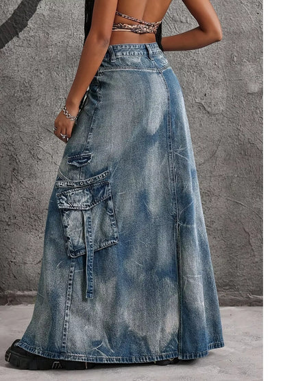 High-Waisted Denim Maxi Skirt with Zipper Slit - Blue - View 5