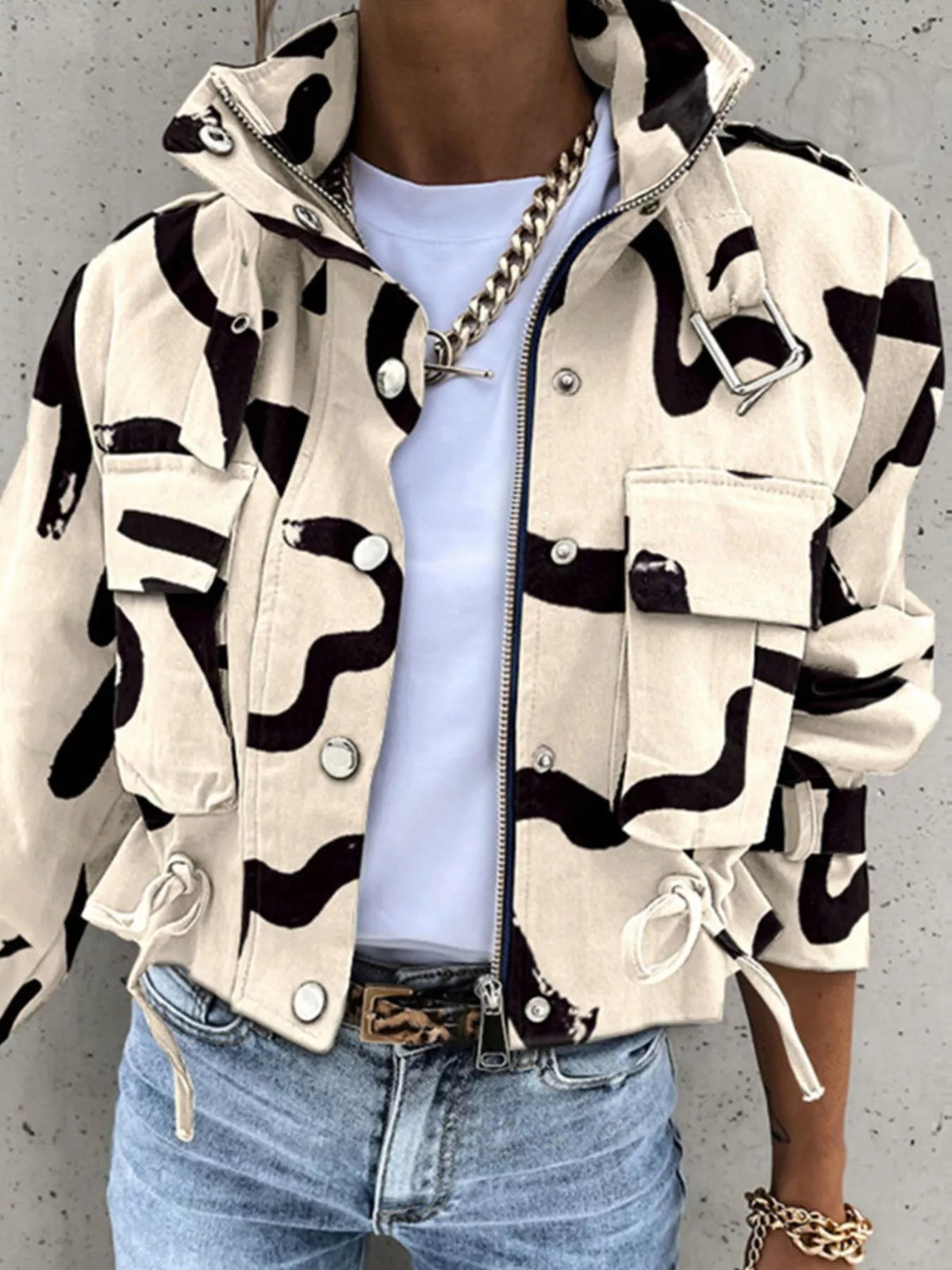 Snap Down Cropped Jacket - Cream - View 1