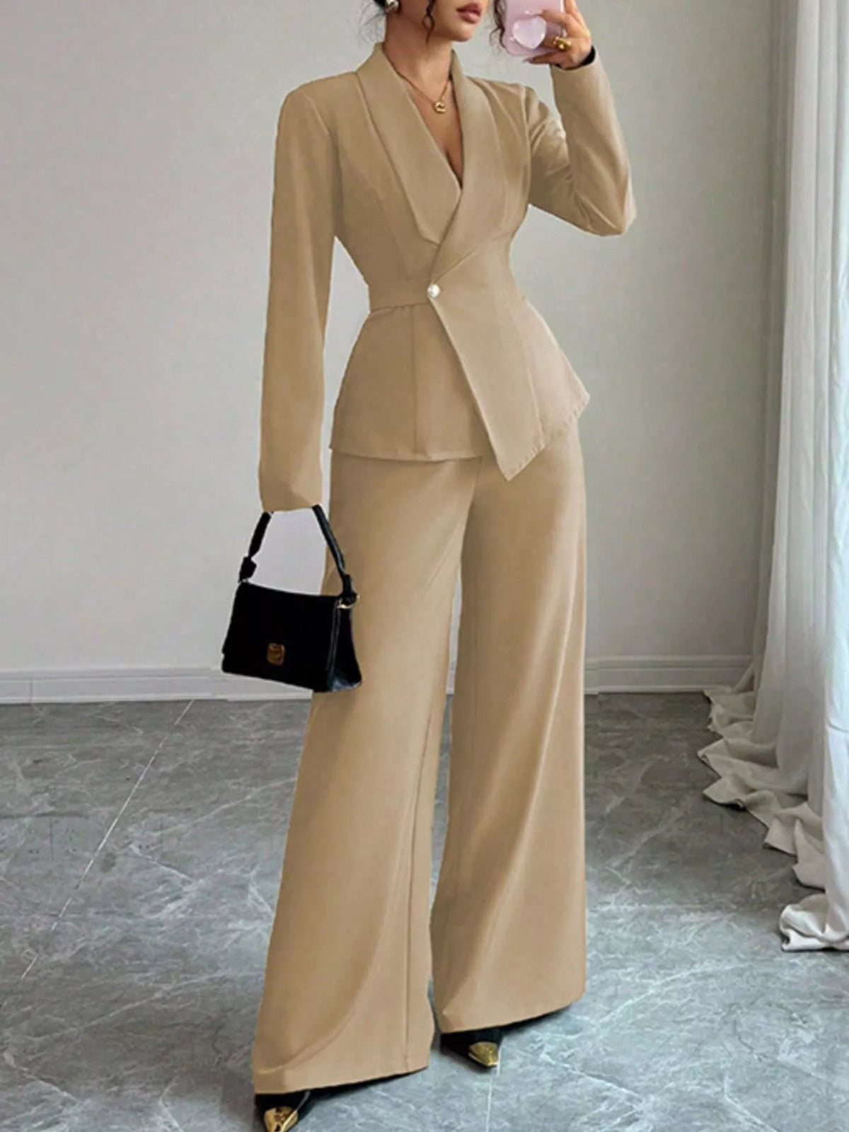 One Button Blazer and Pants Set - Khaki - View 23
