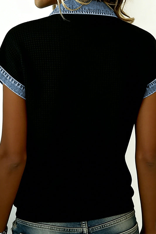 Black Knit Denim Colorblock Button-Down Shirt - Black - 2