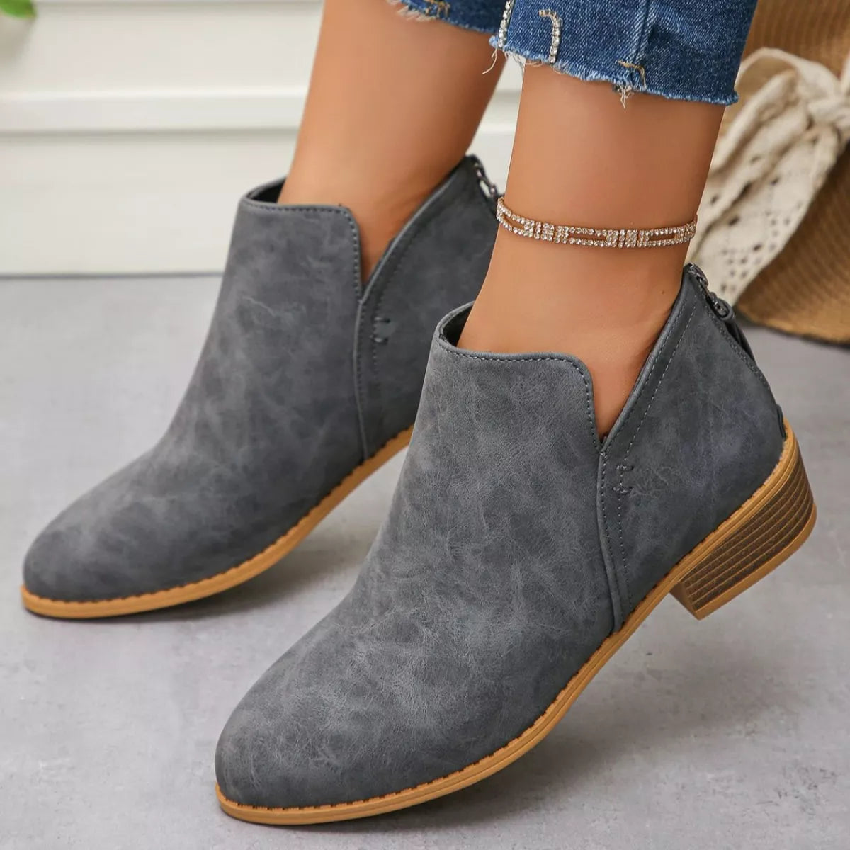 Point Toe Block Heels Boots - Grey - View 9