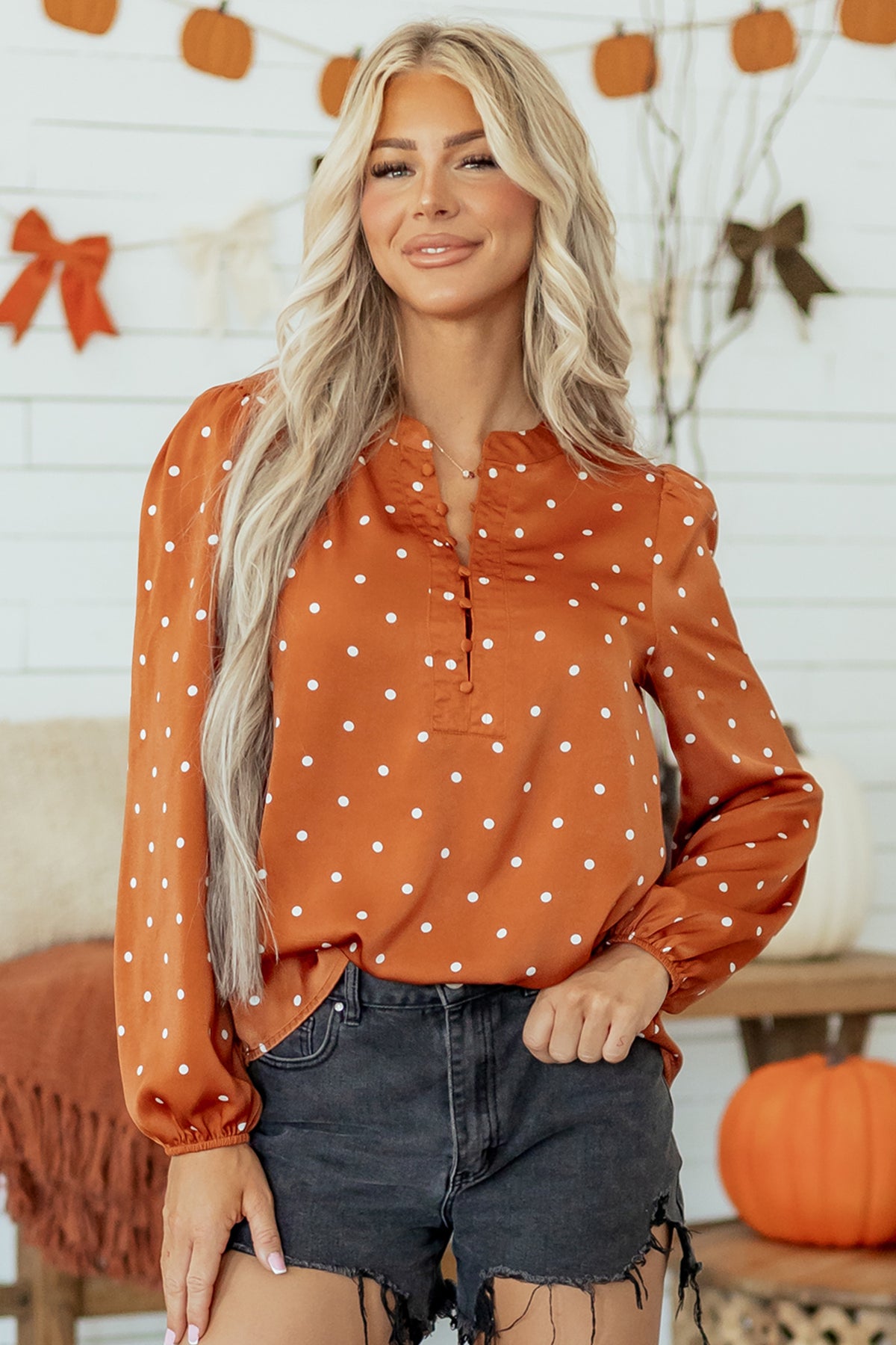 Brown Polka Dot Half Button V Neck Long Sleeve Blouse - product photo 11