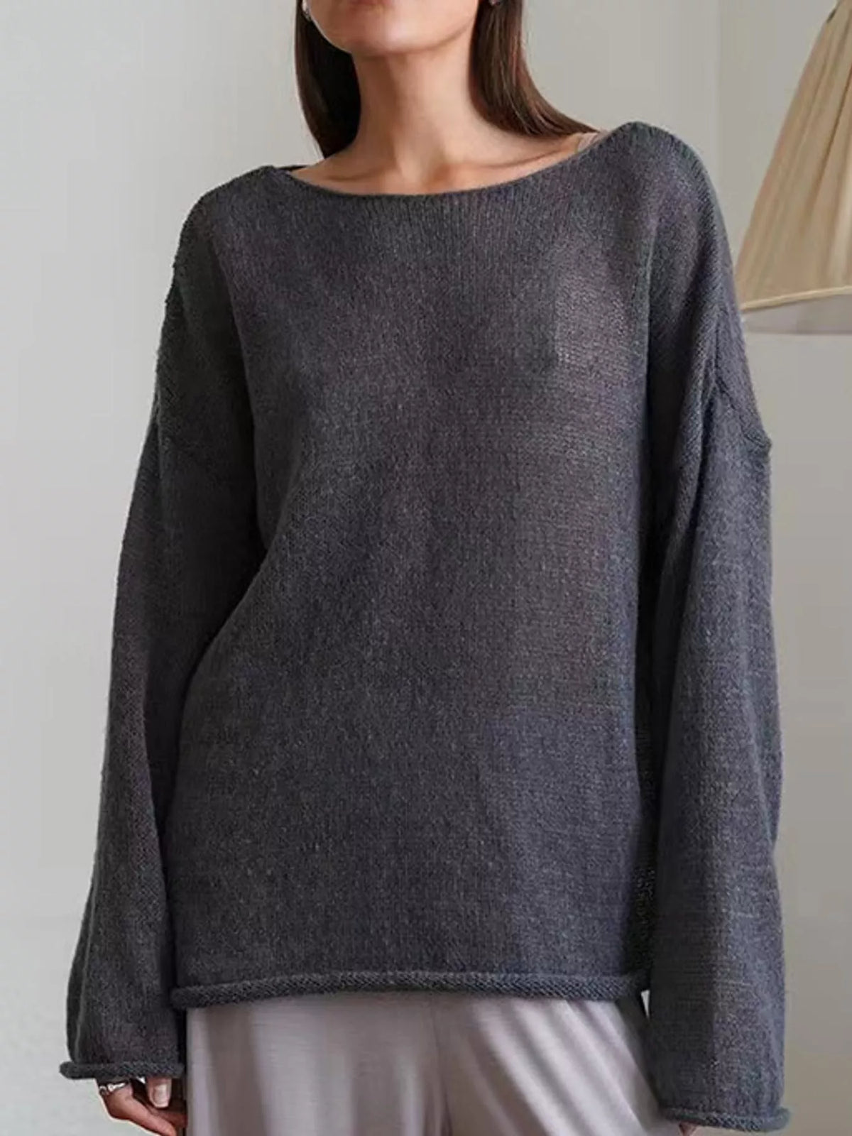 Full Size Sheer Lightweight Knit Top Plus Size - Gray - View 82