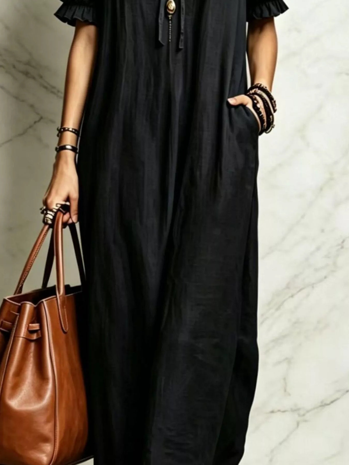 Ruffle Trim Puff Sleeve Maxi Dress - Black - View 3