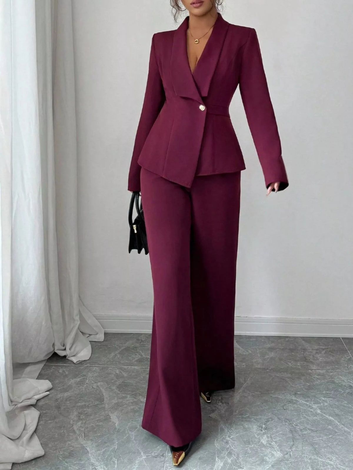 One Button Blazer and Pants Set - Burgundy - View 31