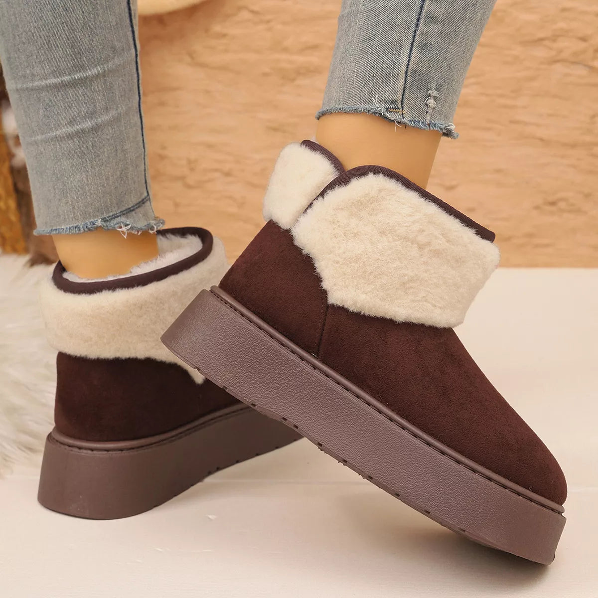 Round Toe Platform Boots - Coffee Brown - View 10