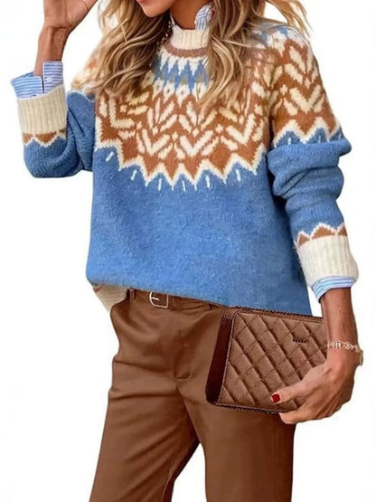 Full Size Fair Isle Patterned Long Sleeve Sweater Plus Size - Blue - View 1