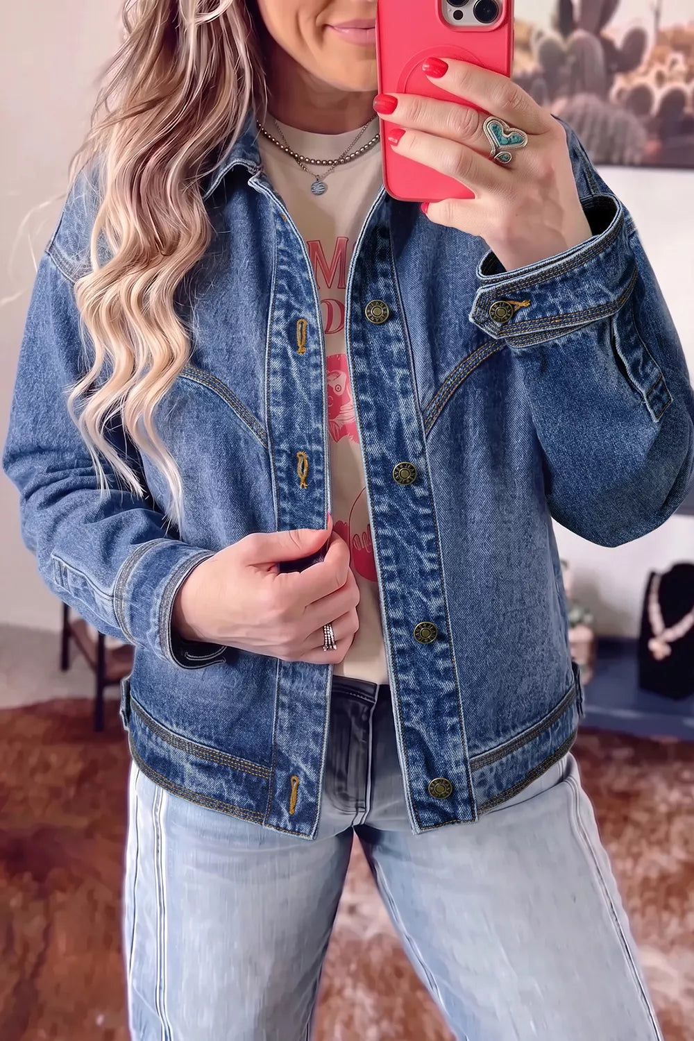 Button Up Dropped Shoulder Denim Jacket - Medium - View 1