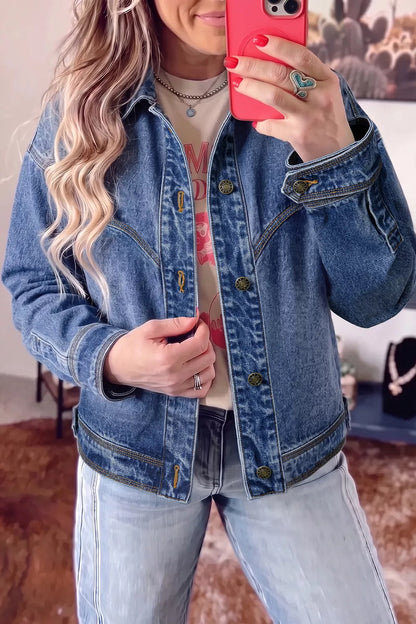 Button Up Dropped Shoulder Denim Jacket - Medium - View 1